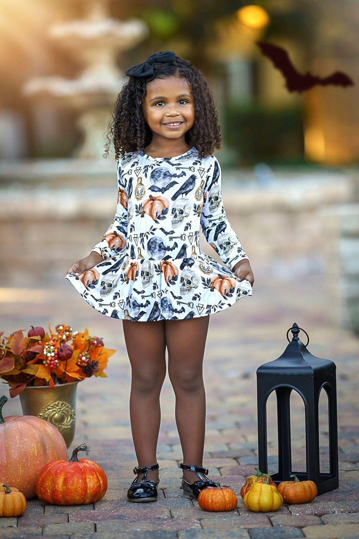 Magical Halloween Skulls and Pumpkins Skirted Bodysuit