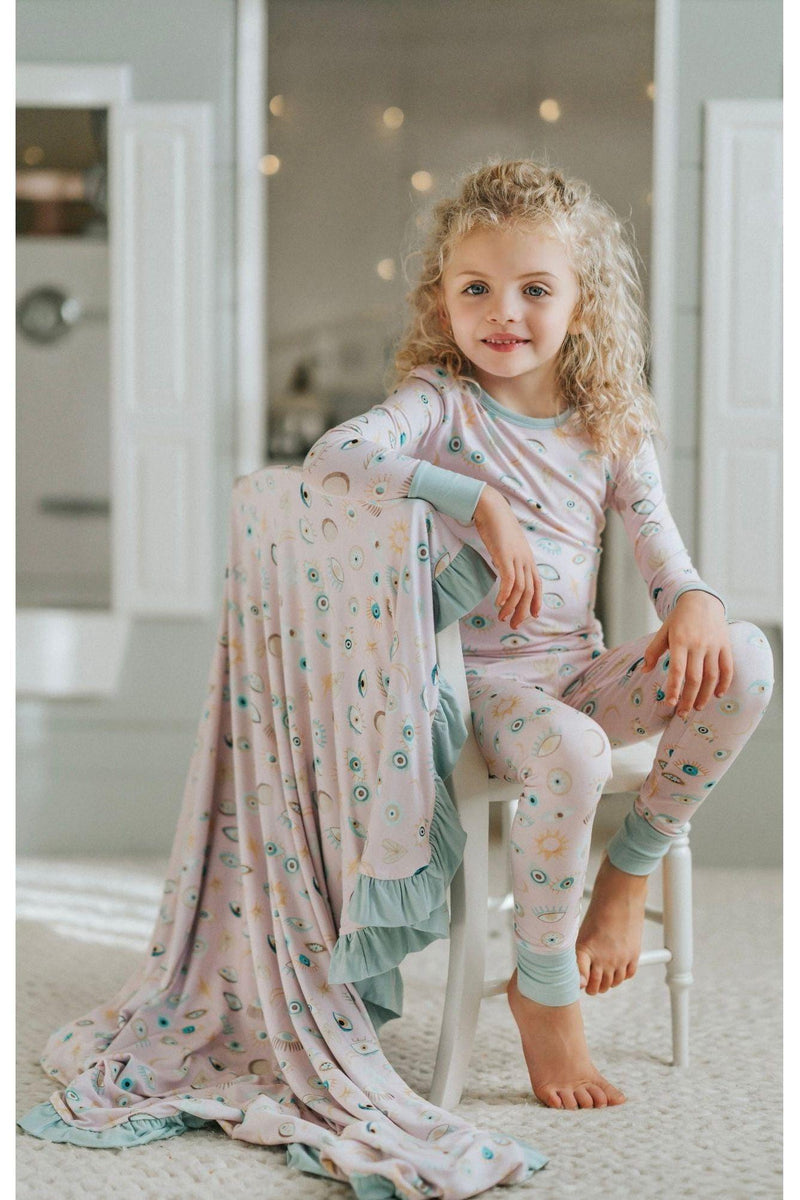Pink Evil Eye Bamboo Ruffle Blanket