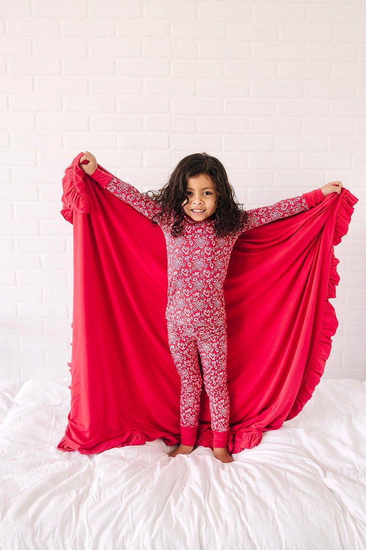 Red Paisley Hearts Starry Dreams Bamboo Ruffle Blanket