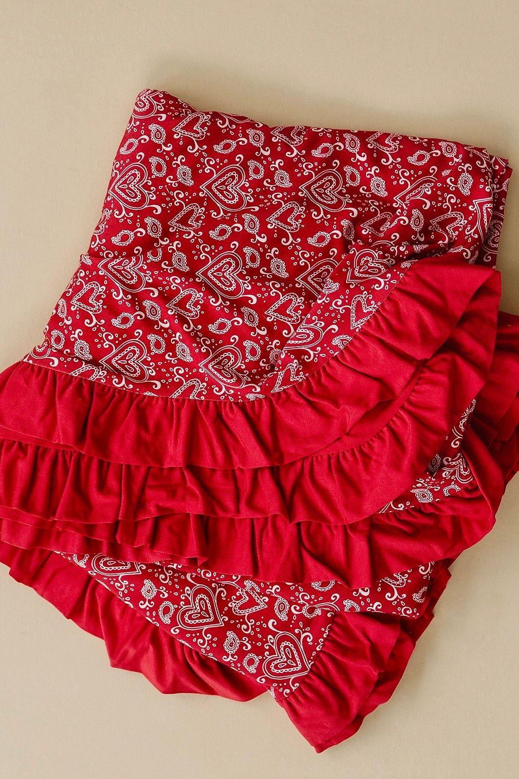 Red Paisley Hearts Starry Dreams Bamboo Ruffle Blanket