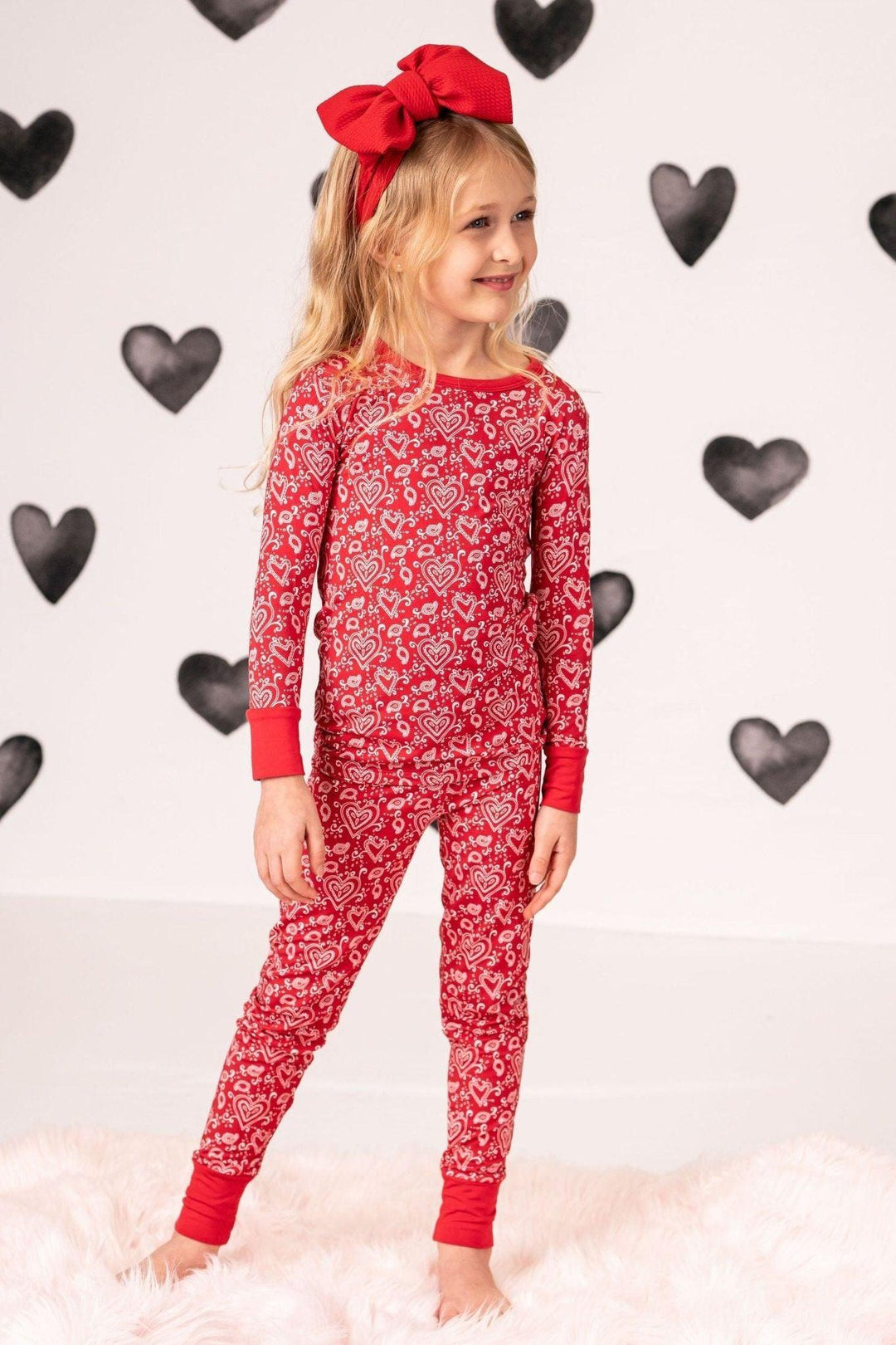 Red Paisley Hearts Valentine's Two-Piece Bamboo Kids Pajamas