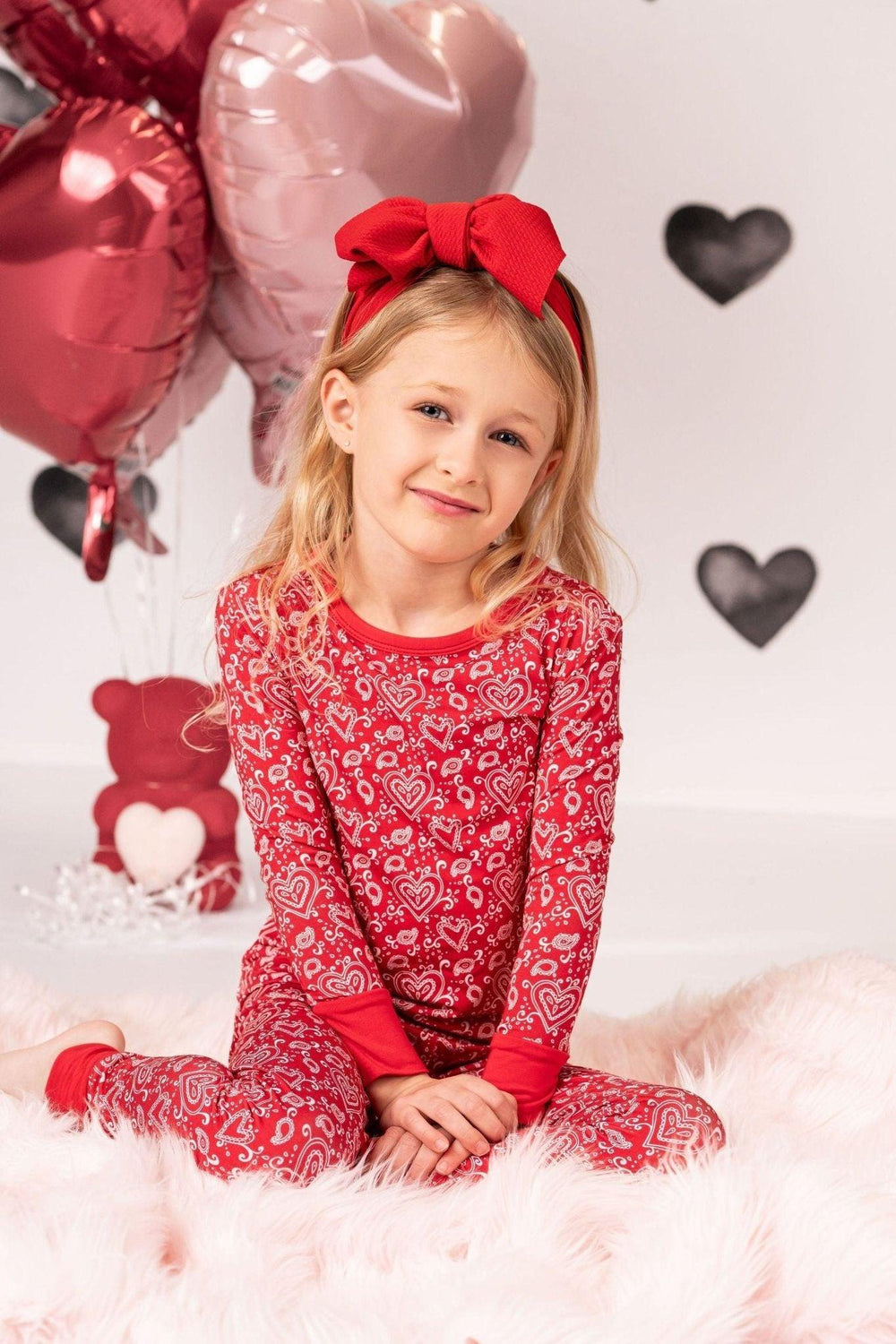 Red Paisley Hearts Valentine's Two-Piece Bamboo Kids Pajamas