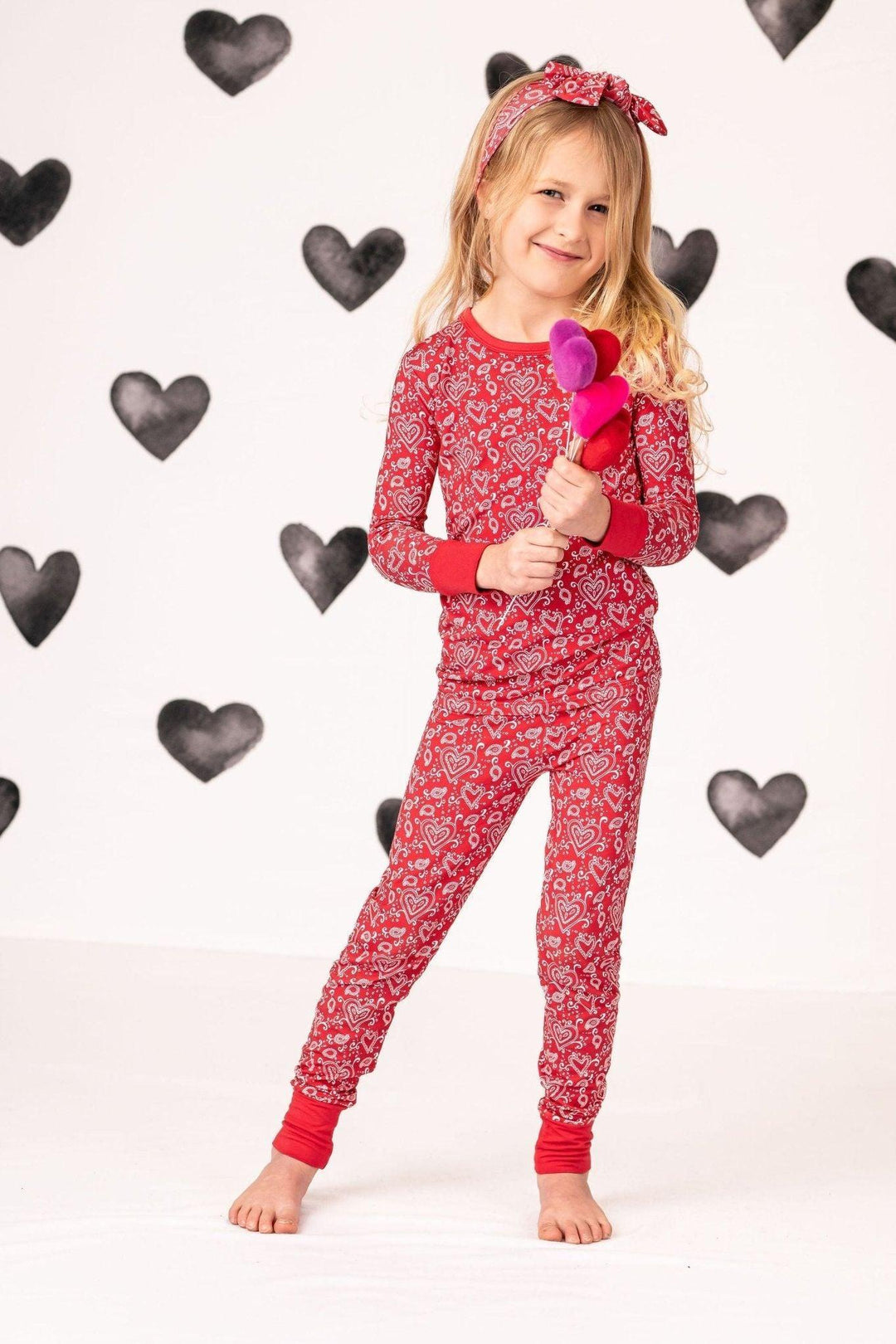 Red Paisley Hearts Valentine's Two-Piece Bamboo Kids Pajamas