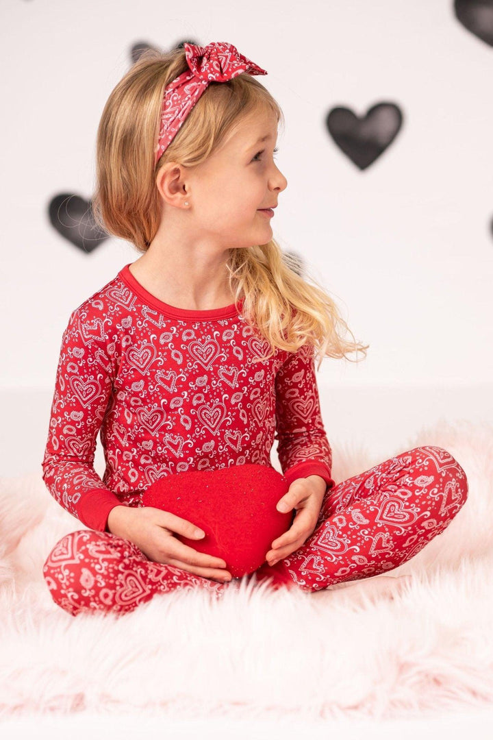 Red Paisley Hearts Valentine's Two-Piece Bamboo Kids Pajamas