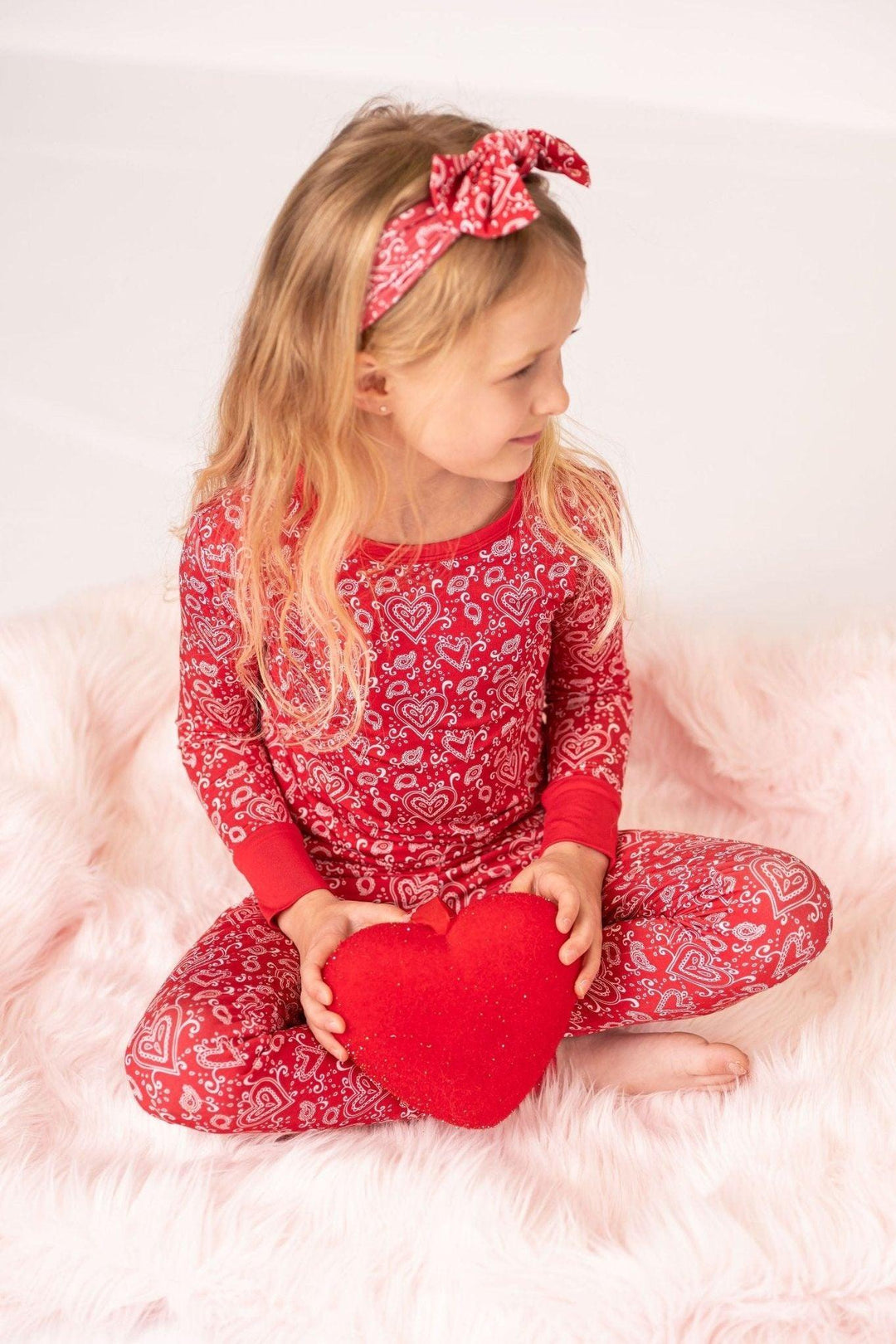 Red Paisley Hearts Valentine's Two-Piece Bamboo Kids Pajamas