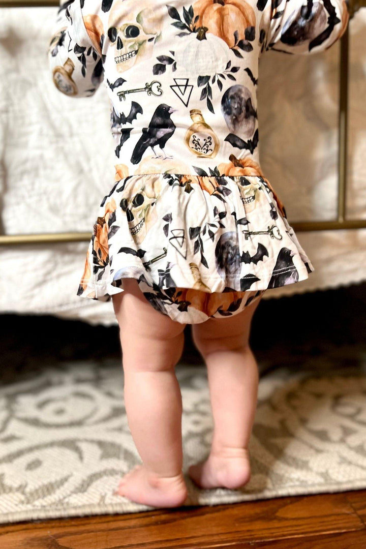 Skulls, Crows & Pumpkins Skirted Bodysuit" - Sophia Rose Children's Boutique