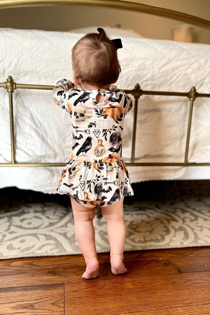 Skulls, Crows & Pumpkins Skirted Bodysuit" - Sophia Rose Children's Boutique