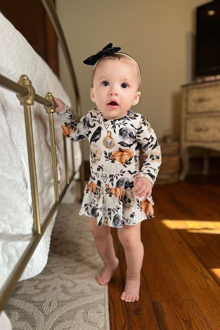 Skulls, Crows & Pumpkins Skirted Bodysuit" - Sophia Rose Children's Boutique