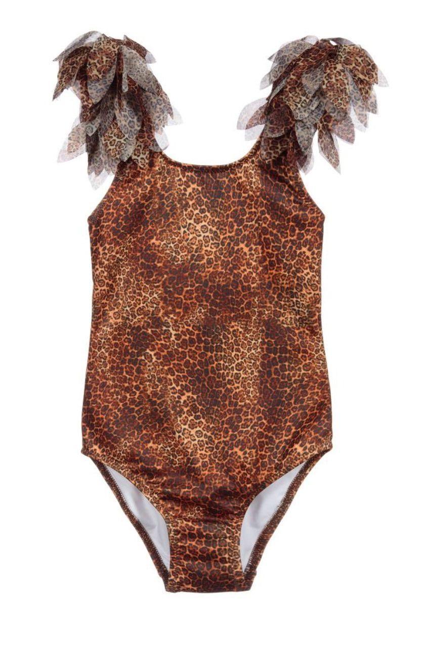 Stella Cove Girls' Leopard Print One-Piece Swimsuit with Ruffled Neckline