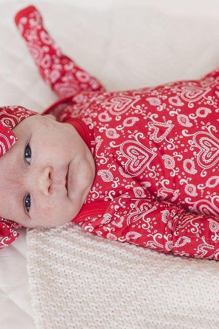 Red Paisley Hearts Newborn Knotted Gown